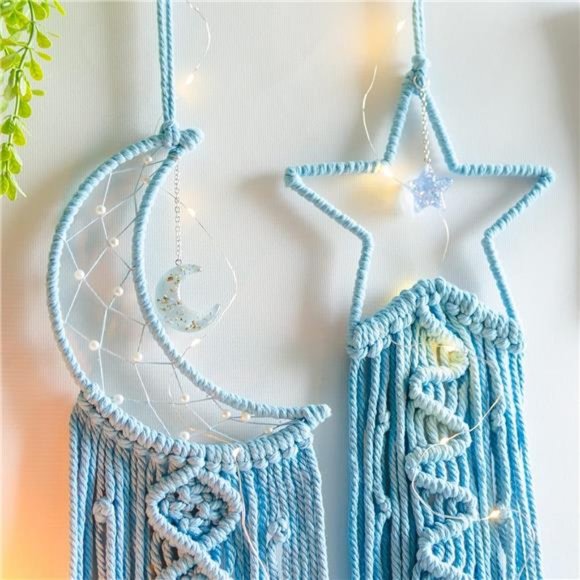 2pcs Blue Star and Moon Dream Catchers,Teen Girl Room Decor,Macrame Wall Hanging - Picture 5 of 6